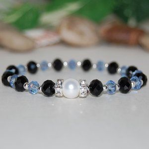 Pearl Bracelet,Blue Bracelet,Black & Blue Glass Beads,Bracelet Support,Awareness